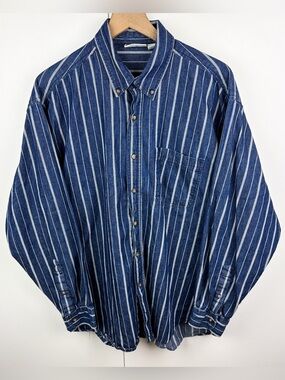 Vintage 100% Cotton Denim Chambray Navy Blue Casual Button Down Shirt Large Mens